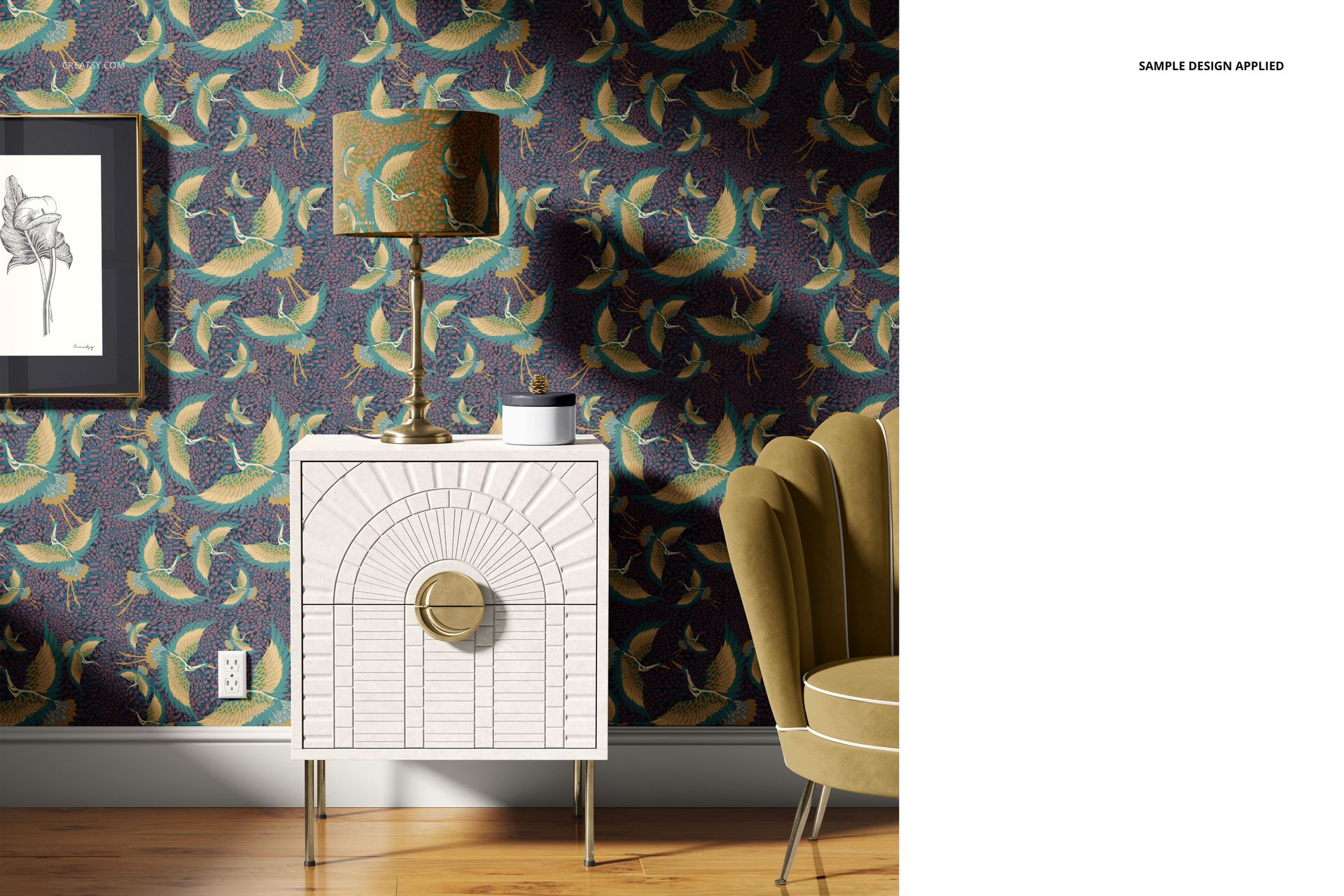 Drum lamp shade mockup featuring a floral design, displayed on a cabinet with matching wallpaper in a home interior scene.