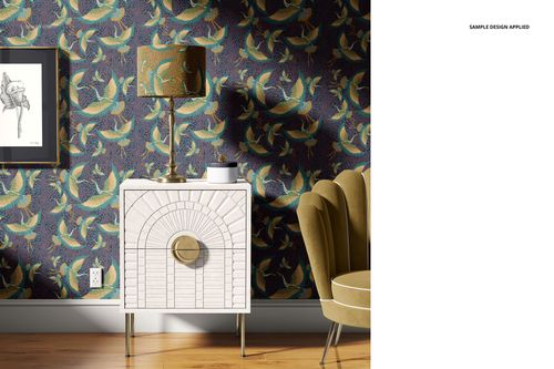 Drum lamp shade mockup featuring a floral design, displayed on a cabinet with matching wallpaper in a home interior scene.