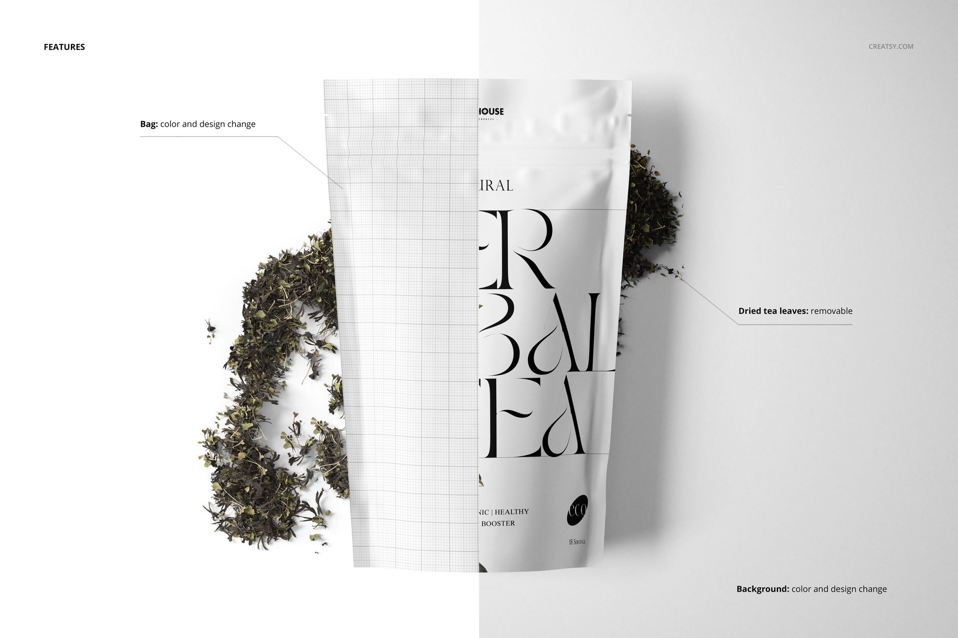 Stand up zip lock bag mockup shown from the front, with grid and geometric design, surrounded by dried tea leaves.