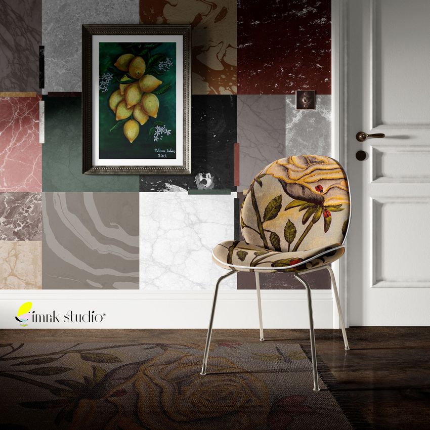 Interior scene mockup featuring a patterned chair and rug with floral designs, set against a geometric wall and framed artwork.