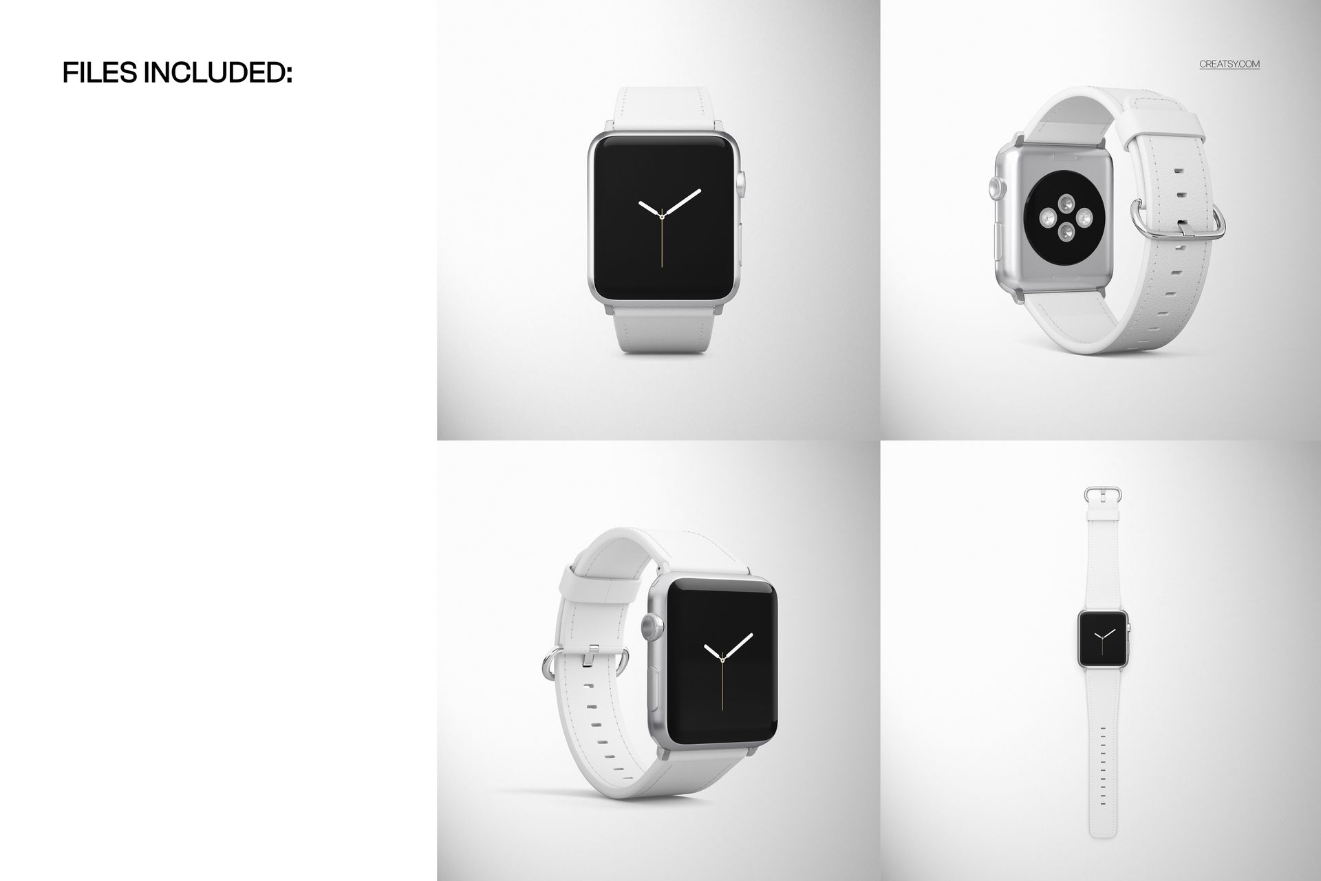 Apple Watch with white stitched leather band mockup shown from various angles on a neutral background.
