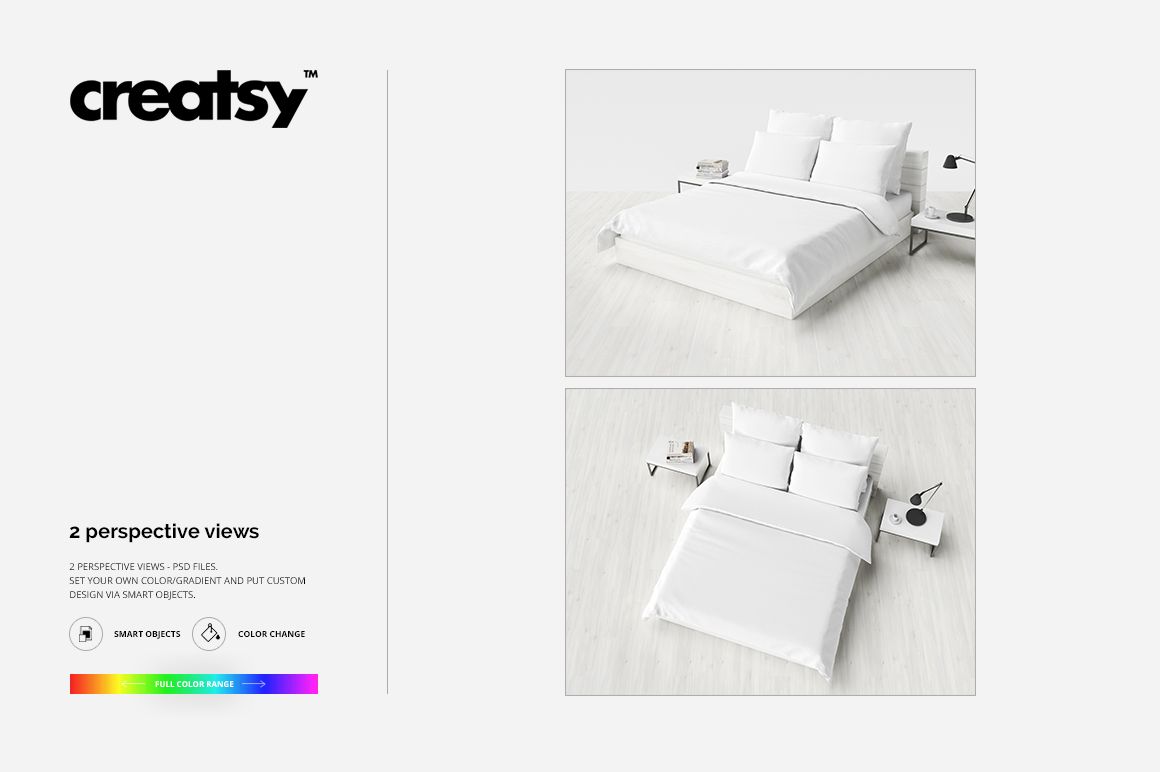 Bedding set mockup with white sheets, pillows, and quilt on a modern bed, shown in two perspective views.