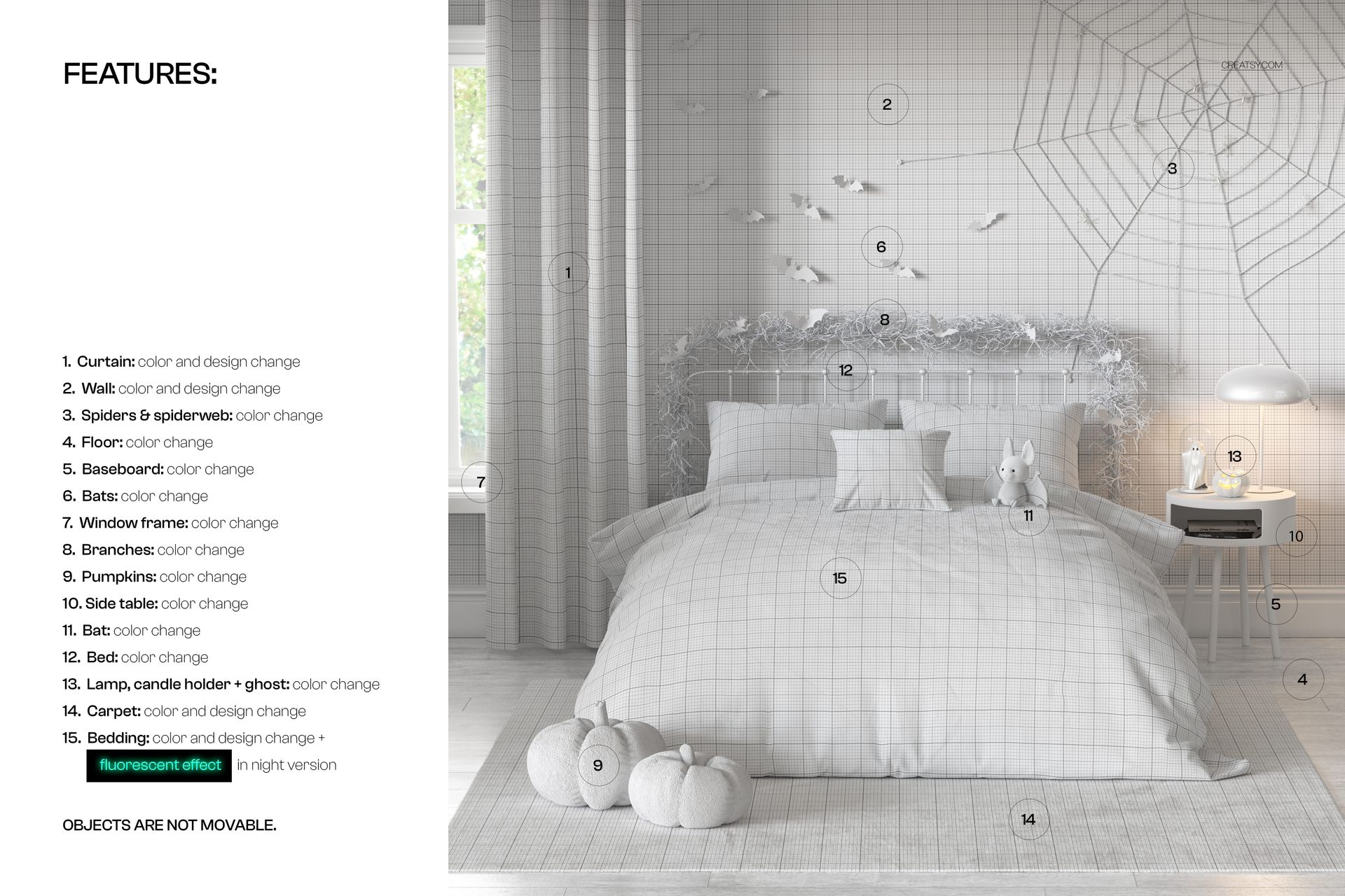 Halloween bedroom mockup with a white duvet cover set, decorative pumpkins, and spiderweb accents on the wall.