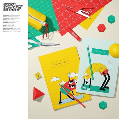 PSD mockup scene featuring school supplies such as notebooks with playful designs, crayons, erasers, and geometric props.