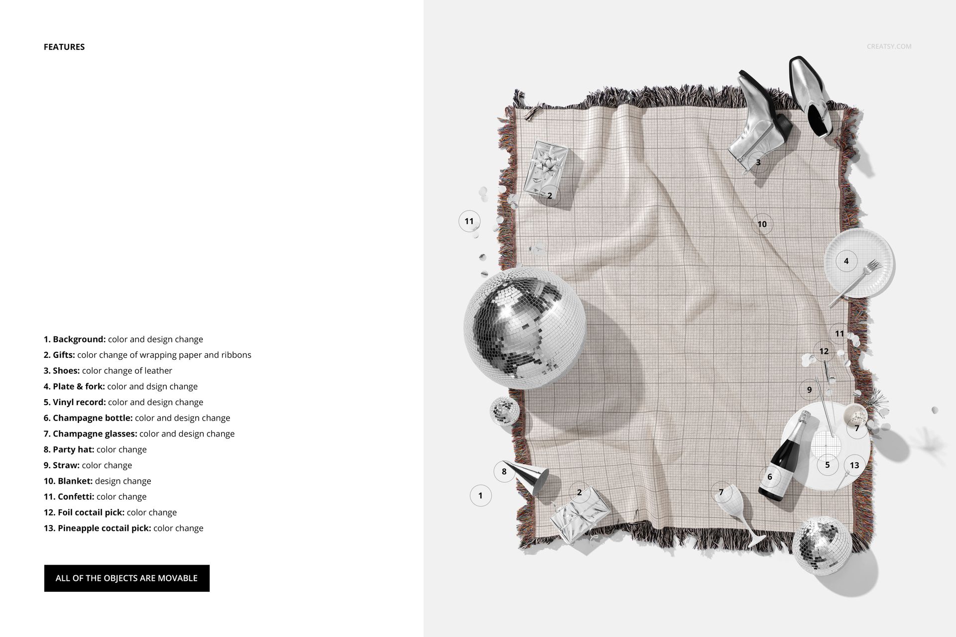 Jacquard woven blanket mockup displayed flat on a white surface, surrounded by disco party props like shoes and a disco ball.