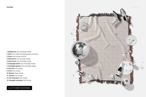 Jacquard woven blanket mockup displayed flat on a white surface, surrounded by disco party props like shoes and a disco ball.