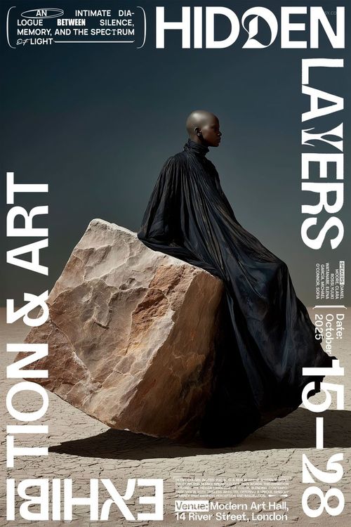 Front view of a poster mockup featuring a figure draped in black fabric seated on a large stone, with bold white text.