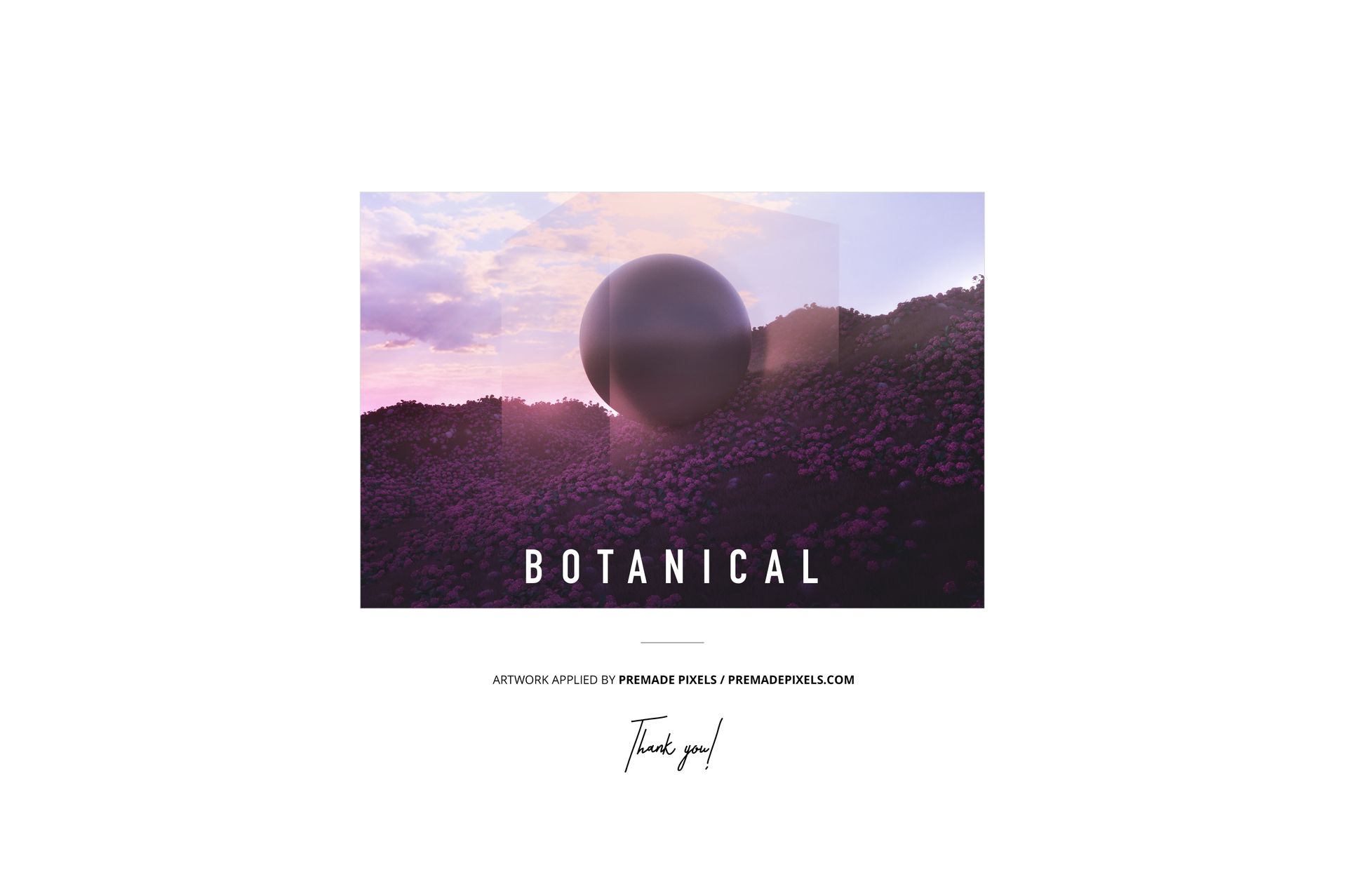 Vinyl record and cover mockup featuring marbled design, placed in a scenic purple field at dusk.