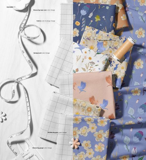 PSD mockup featuring jersey fabrics in soft colors and floral prints, arranged with sewing accessories on a flat surface.