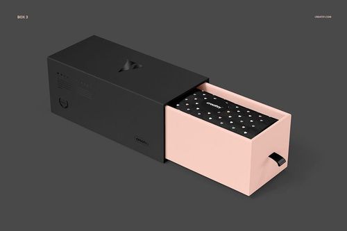 Rectangular gift box mockup with a black sliding lid and pale pink base, shown in front view on a gray background.