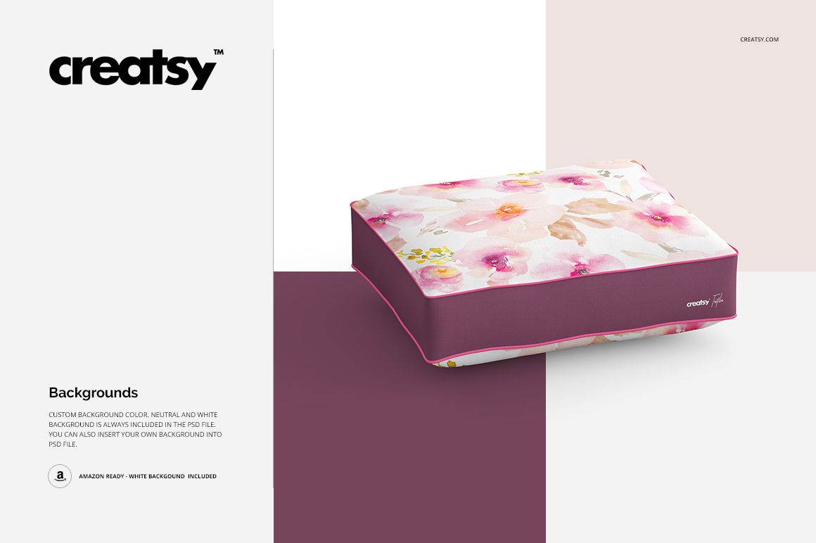 PSD mockup of a rectangular pillow featuring a watercolor floral design and solid pink edges, front perspective.