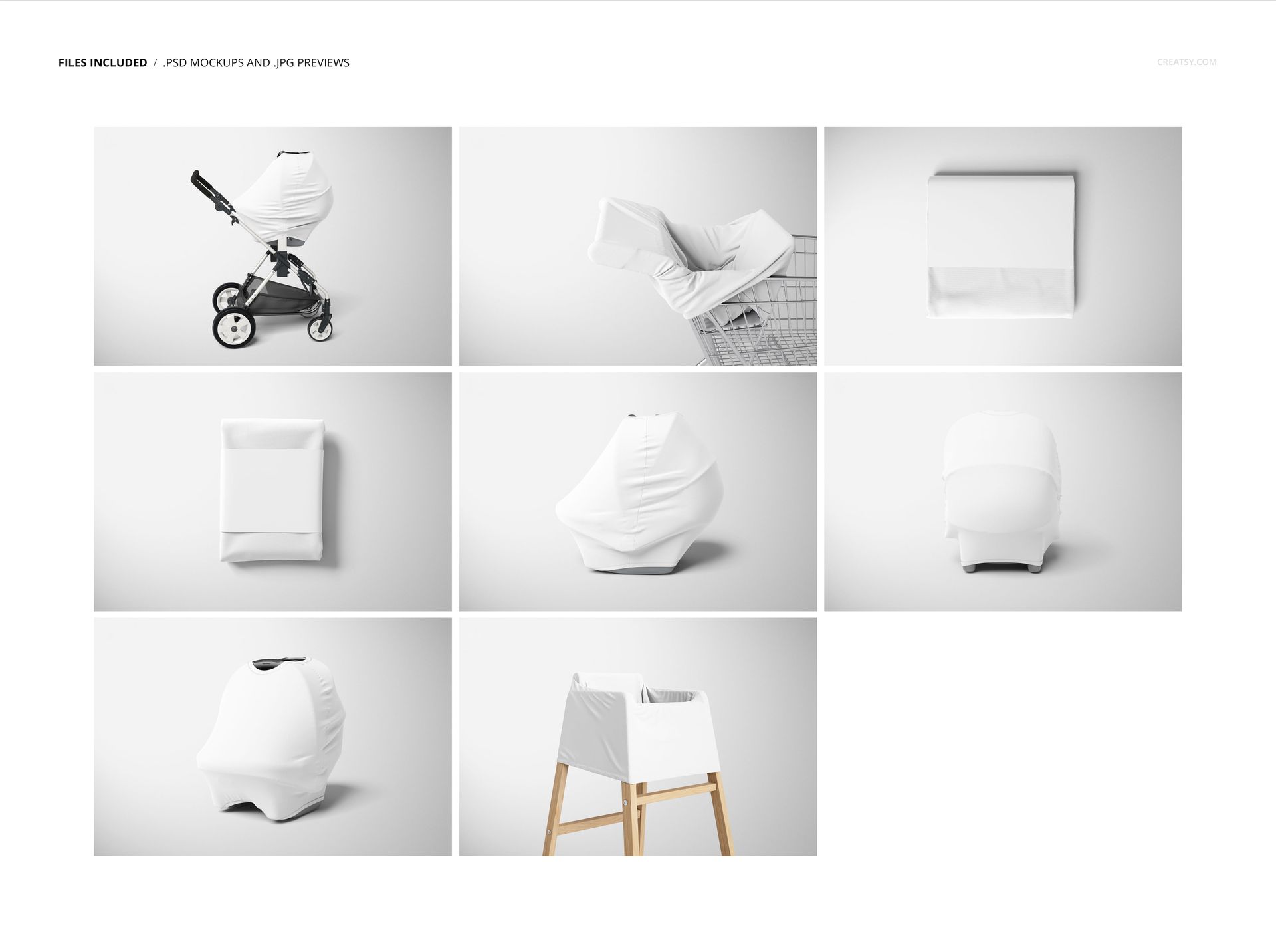 Multi-use cover mockup set showing white covers draped over various baby and kids items on a plain background.