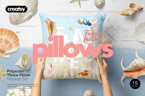 PSD mockup showing a decorative polyester pillow with a pastel beach theme, seashells, and starfish, held upright by hands.