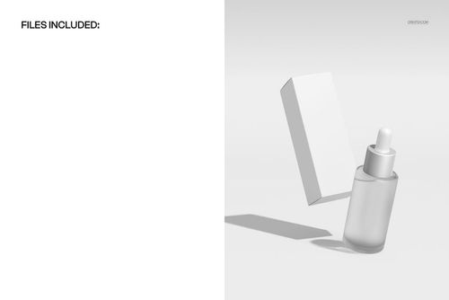 Floating packaging box and dropper bottle mockup with minimal white design, shown in a front angled view.