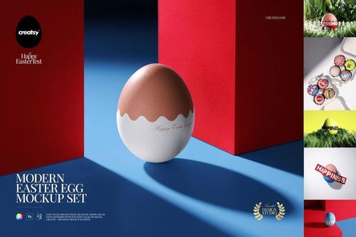 Front view of a modern Easter egg mockup with a white and brown design, placed between red geometric blocks on a blue surface.