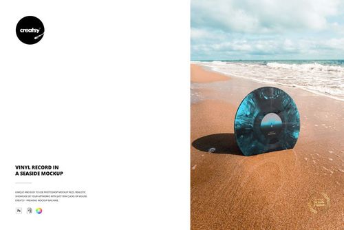 PSD mockup featuring a vinyl record with blue and black swirls placed on wet sand by the water’s edge at the beach.