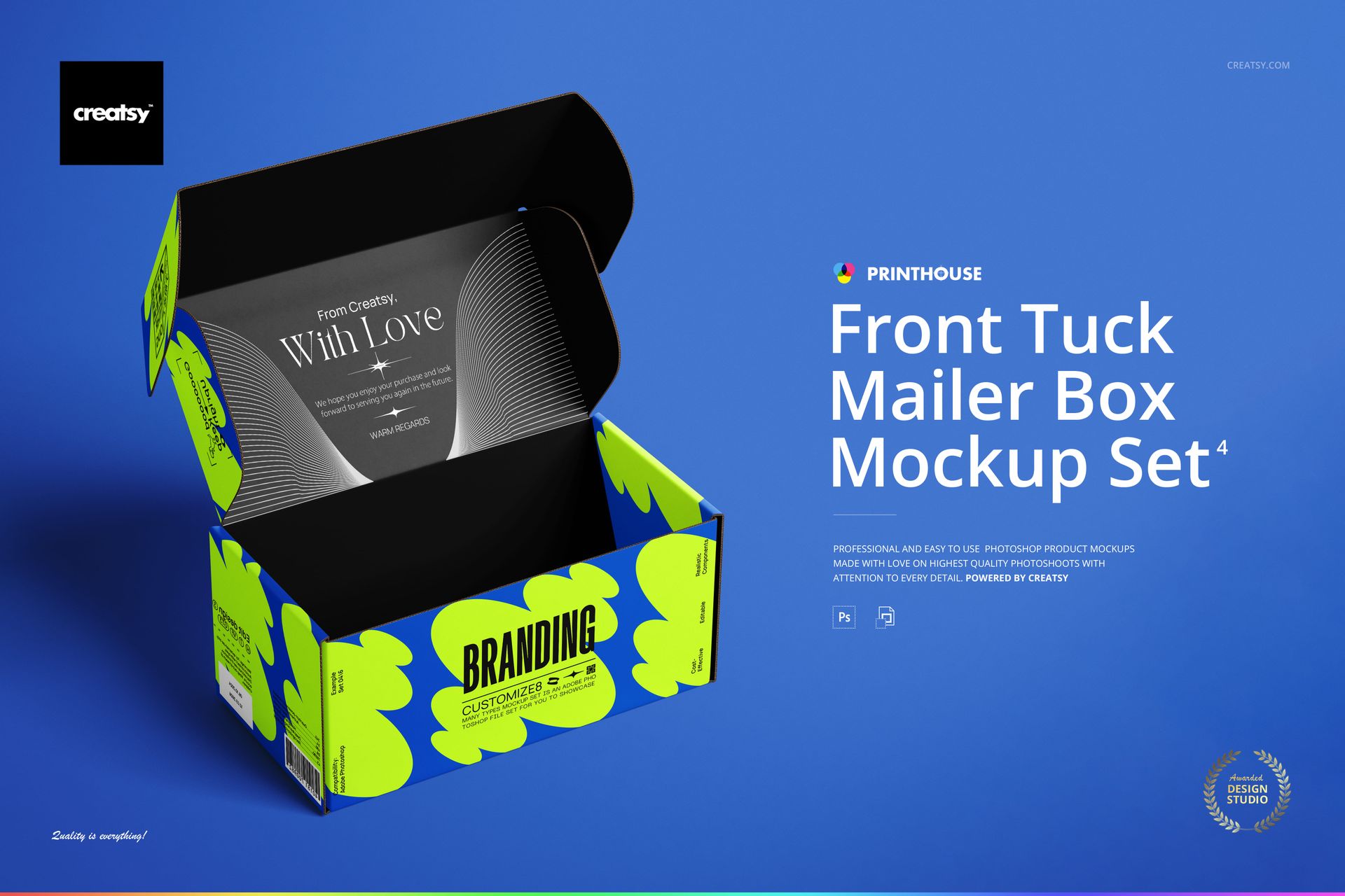 Front view of a front tuck mailer box mockup with bold green branding pattern on a blue background.