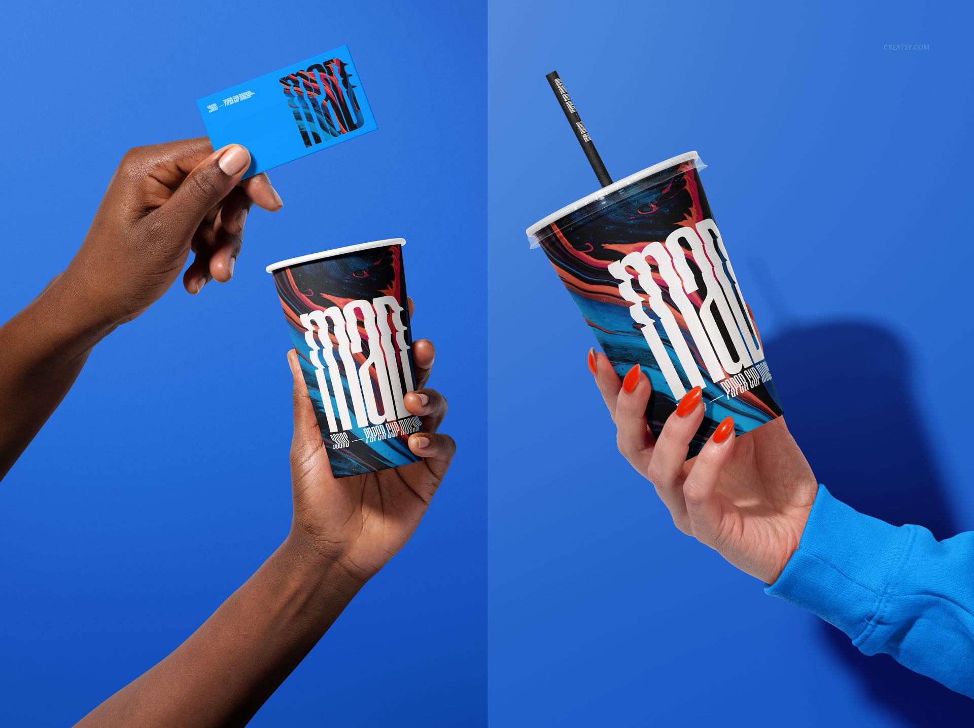Paper cup mockup featuring hands holding cups with colorful patterns, blue backdrop, and a business card in one hand.