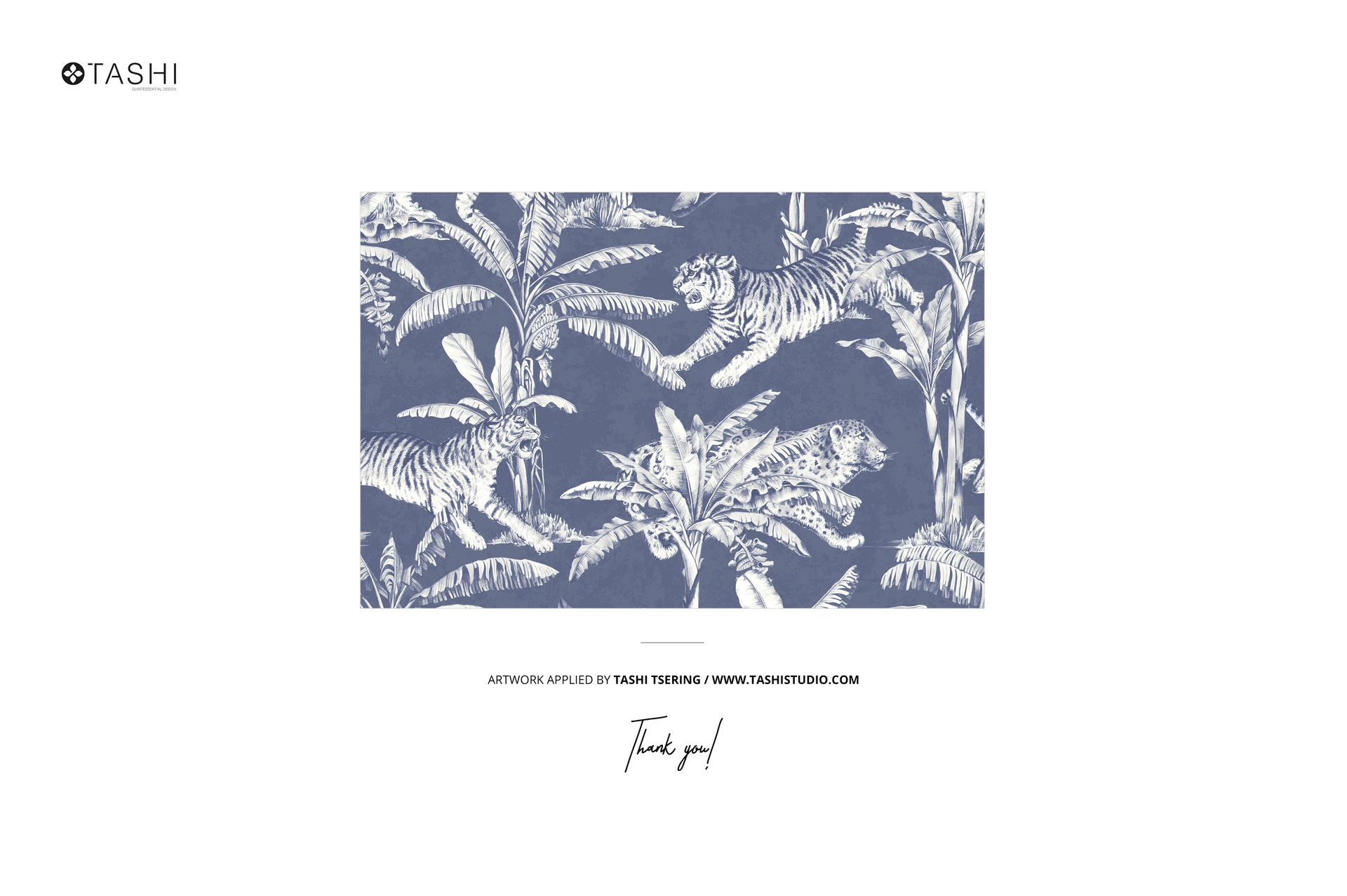 Rectangular mockup featuring a blue and white tropical jungle pattern with tigers and palm trees, front view.