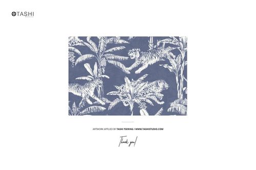 Rectangular mockup featuring a blue and white tropical jungle pattern with tigers and palm trees, front view.