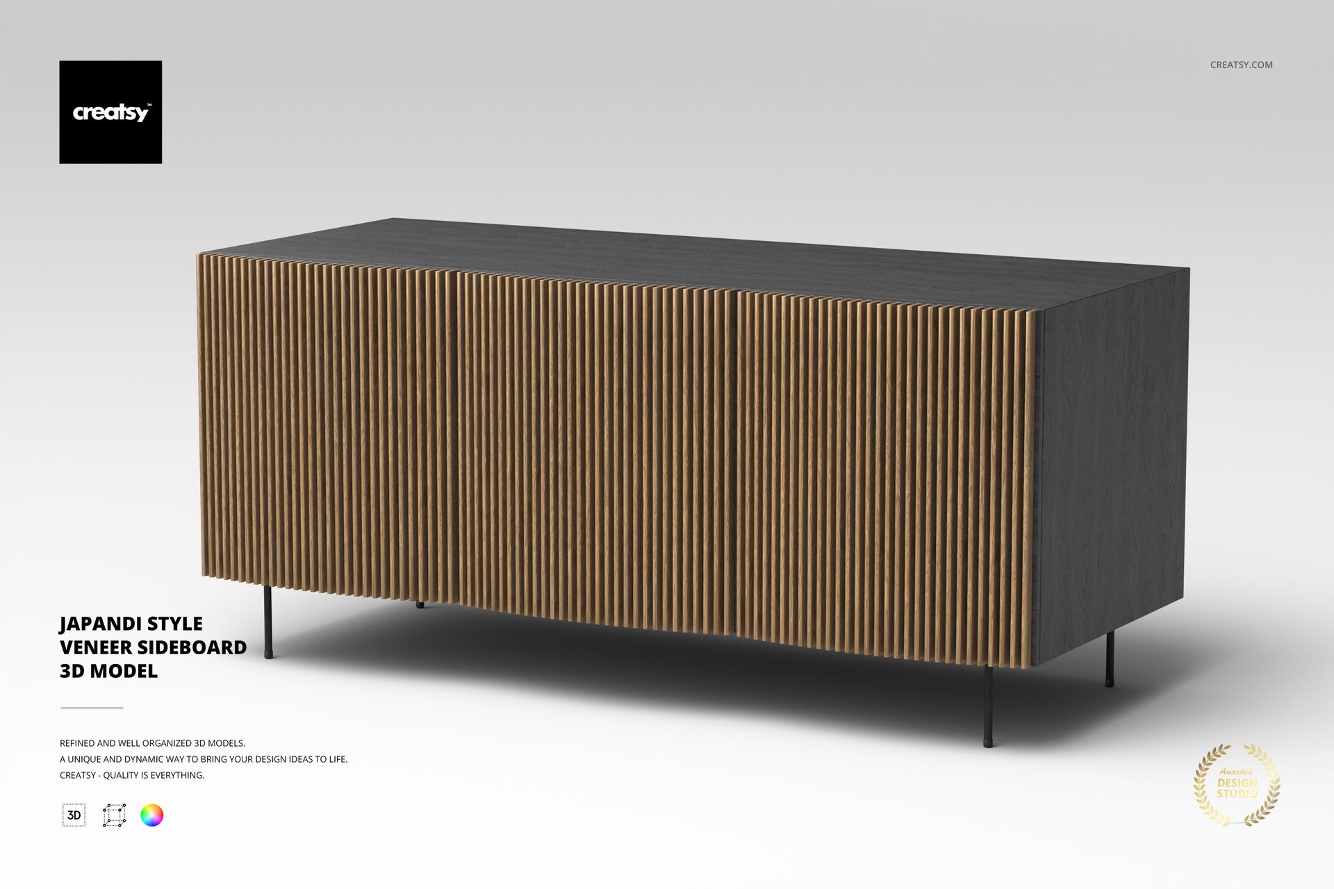 Modern veneer sideboard with Japandi style, featuring vertical wood slats and a dark top, shown from a front angle.