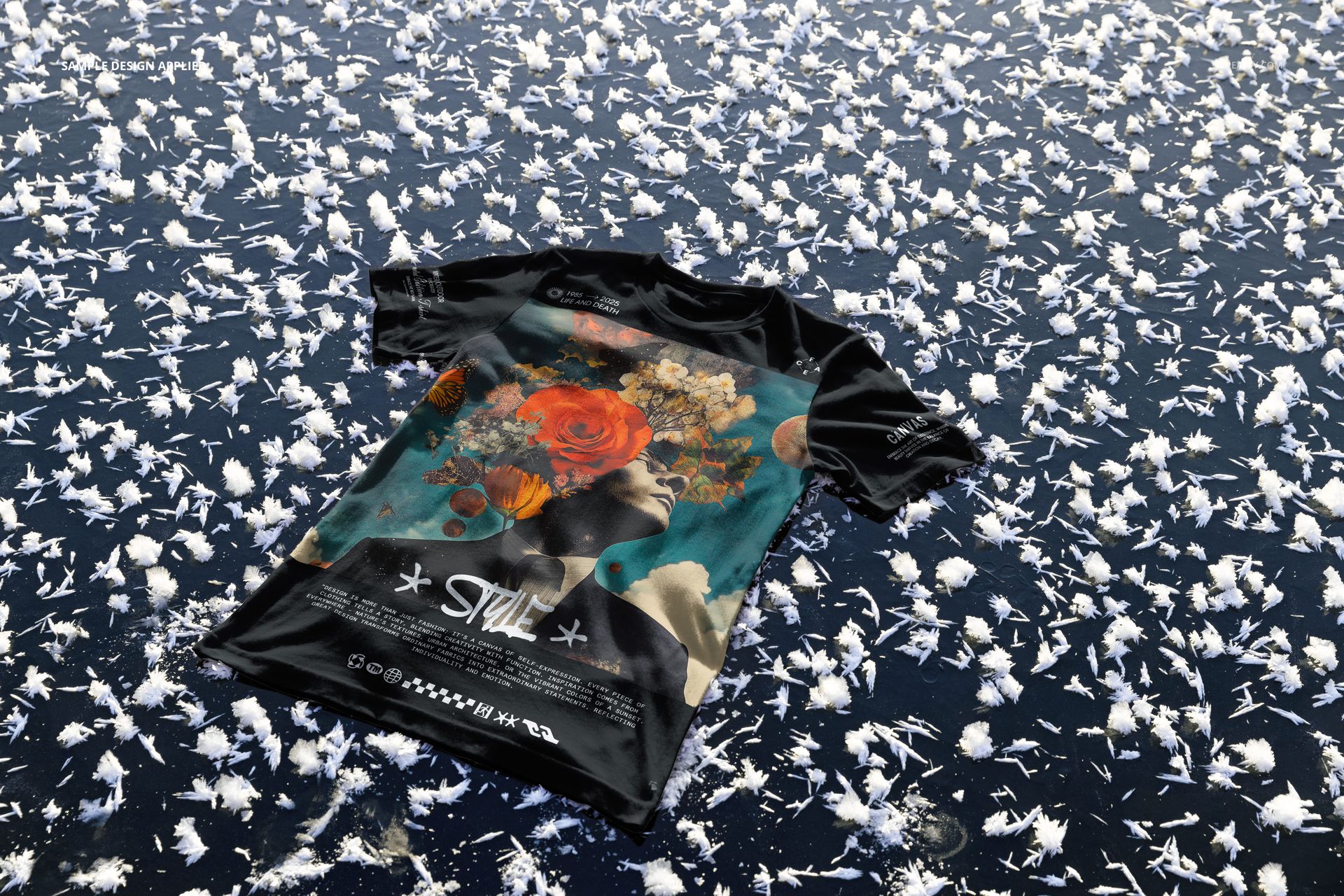 PSD mockup of a printed t-shirt displayed outdoors on a wintry frozen lake, with snowflakes scattered around.