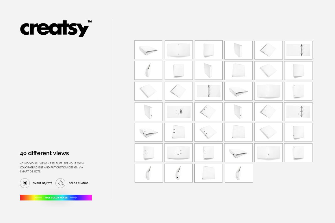 Binder mockup set featuring 40 different views of white binders, shown from various angles on a light background.