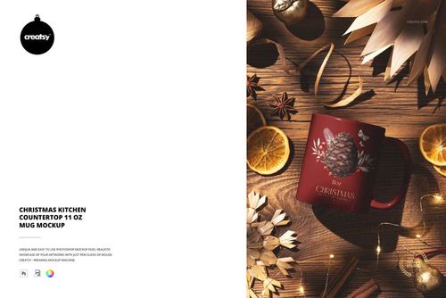 Christmas-themed 11 oz mug mockup featuring a pinecone design, placed on a rustic countertop with festive props and warm lighting.