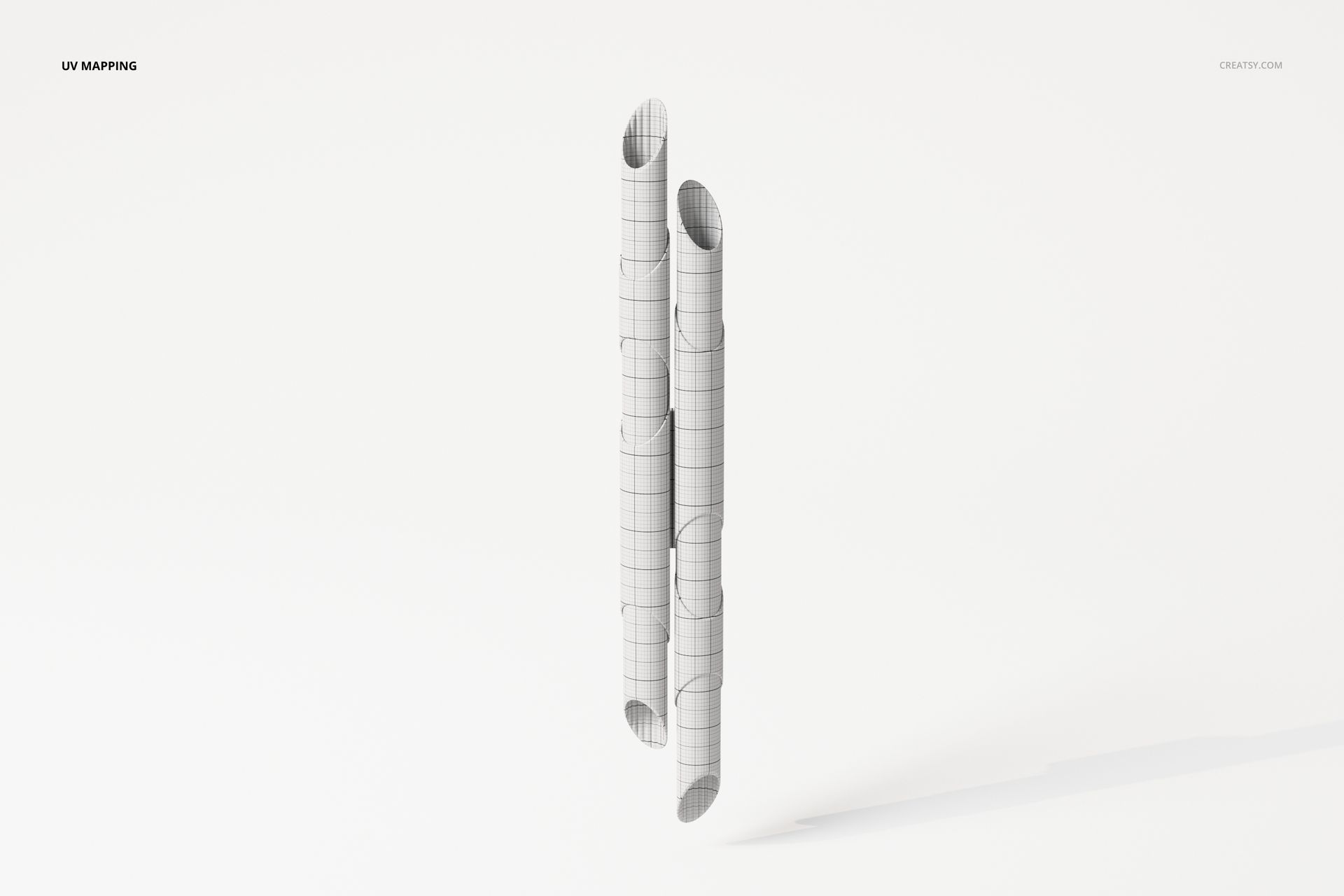 Front view of a wind chimes shaped lamp 3D model featuring two cylindrical tubes with a grid pattern on a white background.