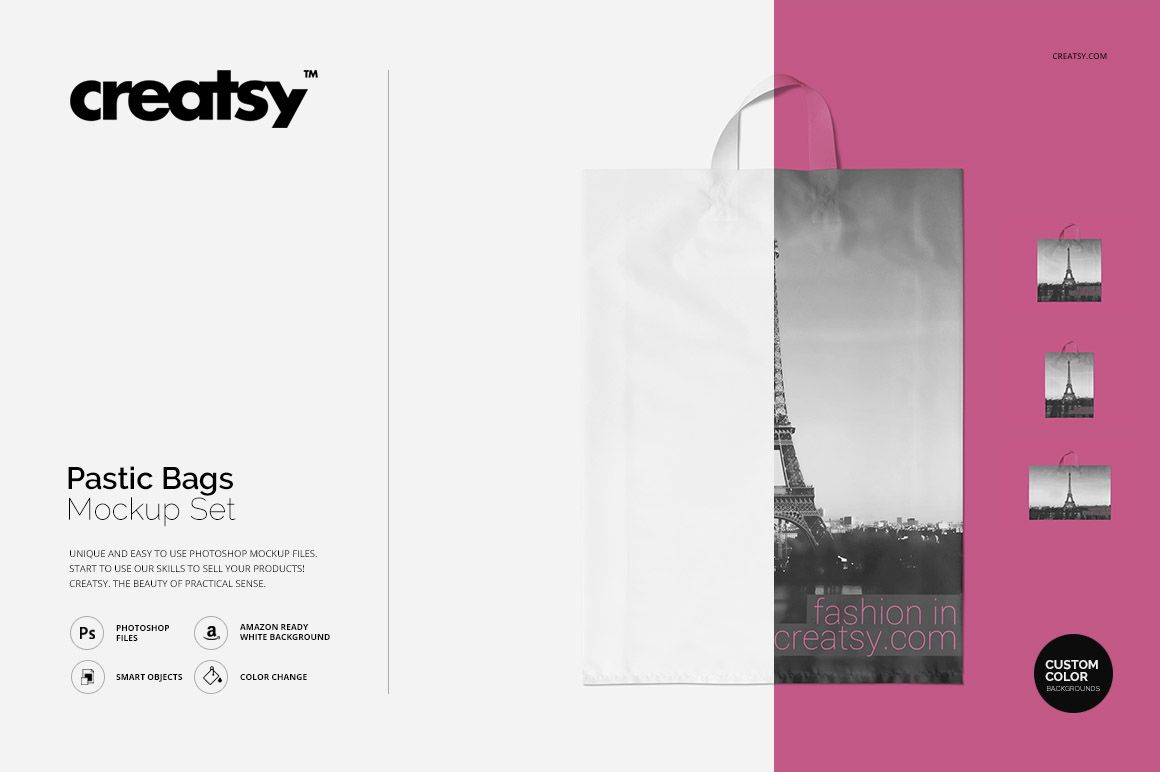 Front view of a plastic bag mockup with a transparent handle, featuring a grayscale Eiffel Tower print on the right side.