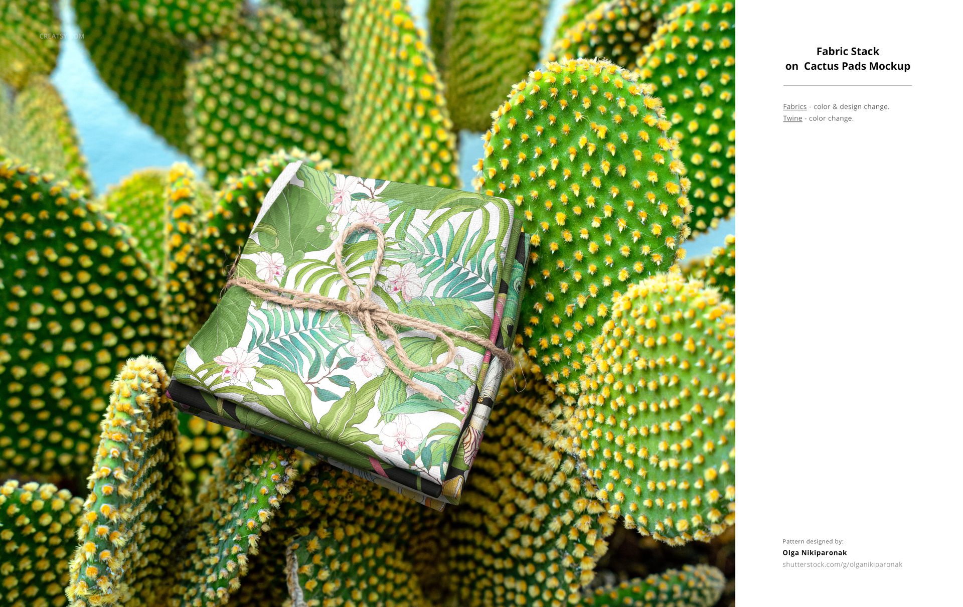 PSD mockup showing a bundle of patterned fabrics with leafy and floral design, displayed on a cactus plant in daylight.