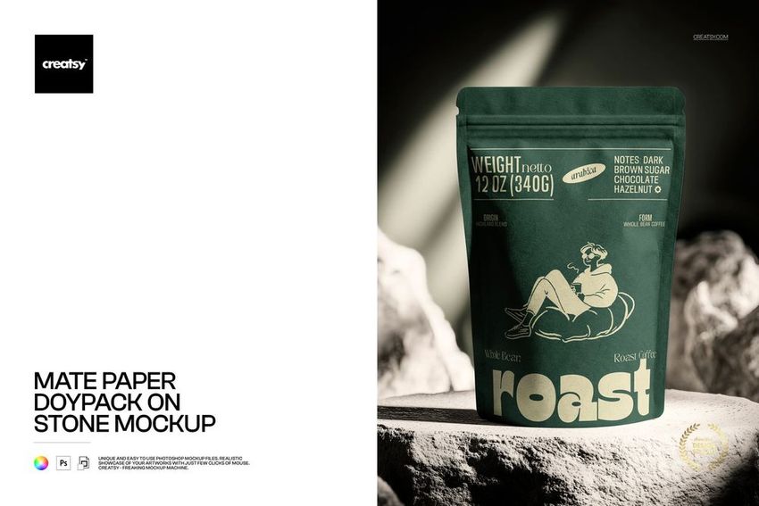 Green matte paper doypack mockup featuring illustrated graphics and product details, placed on a rough stone background.