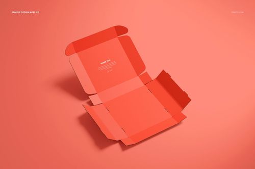 Open mailing box mockup displayed on a solid coral background, showing unfolded flaps and interior details.
