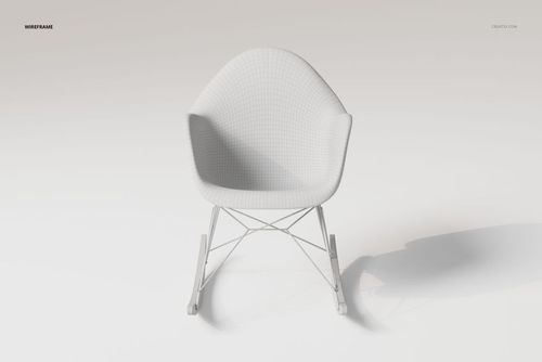 Front view of a white Eames style rocking chair 3D model with visible wireframe details on a light background.