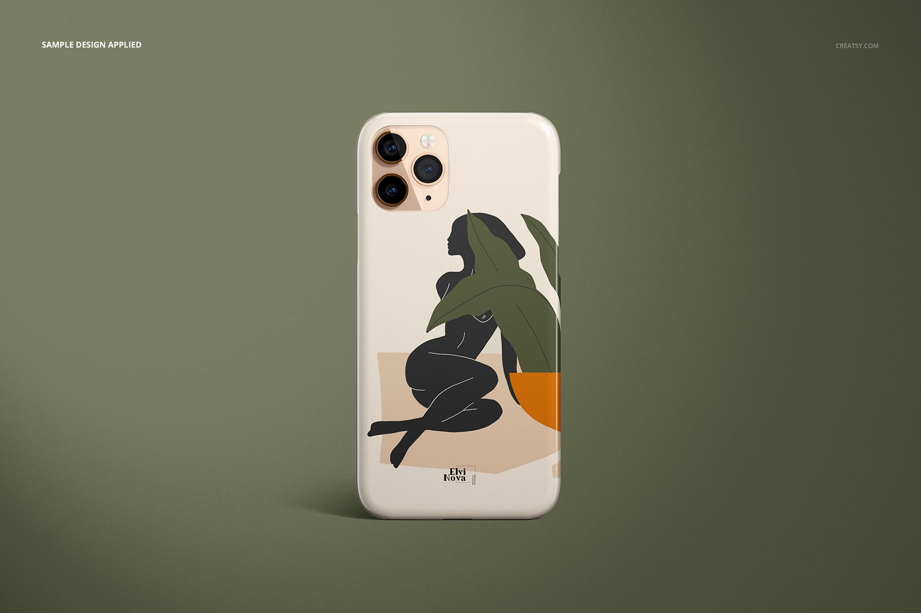 Front view of iPhone 11 Pro glossy case mockup featuring a modern graphic of a person and foliage on a neutral surface.