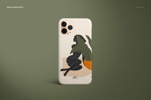 Front view of iPhone 11 Pro glossy case mockup featuring a modern graphic of a person and foliage on a neutral surface.