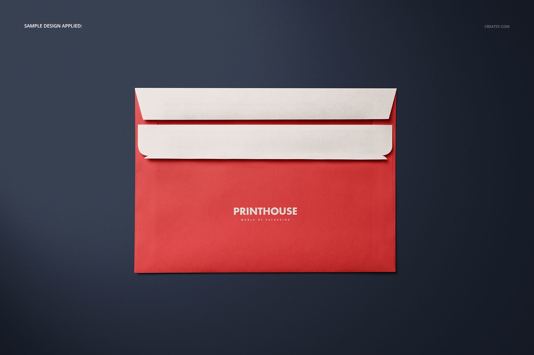Red envelope with white flap displayed on a dark background, shown in a front view for stationery mockup purposes.