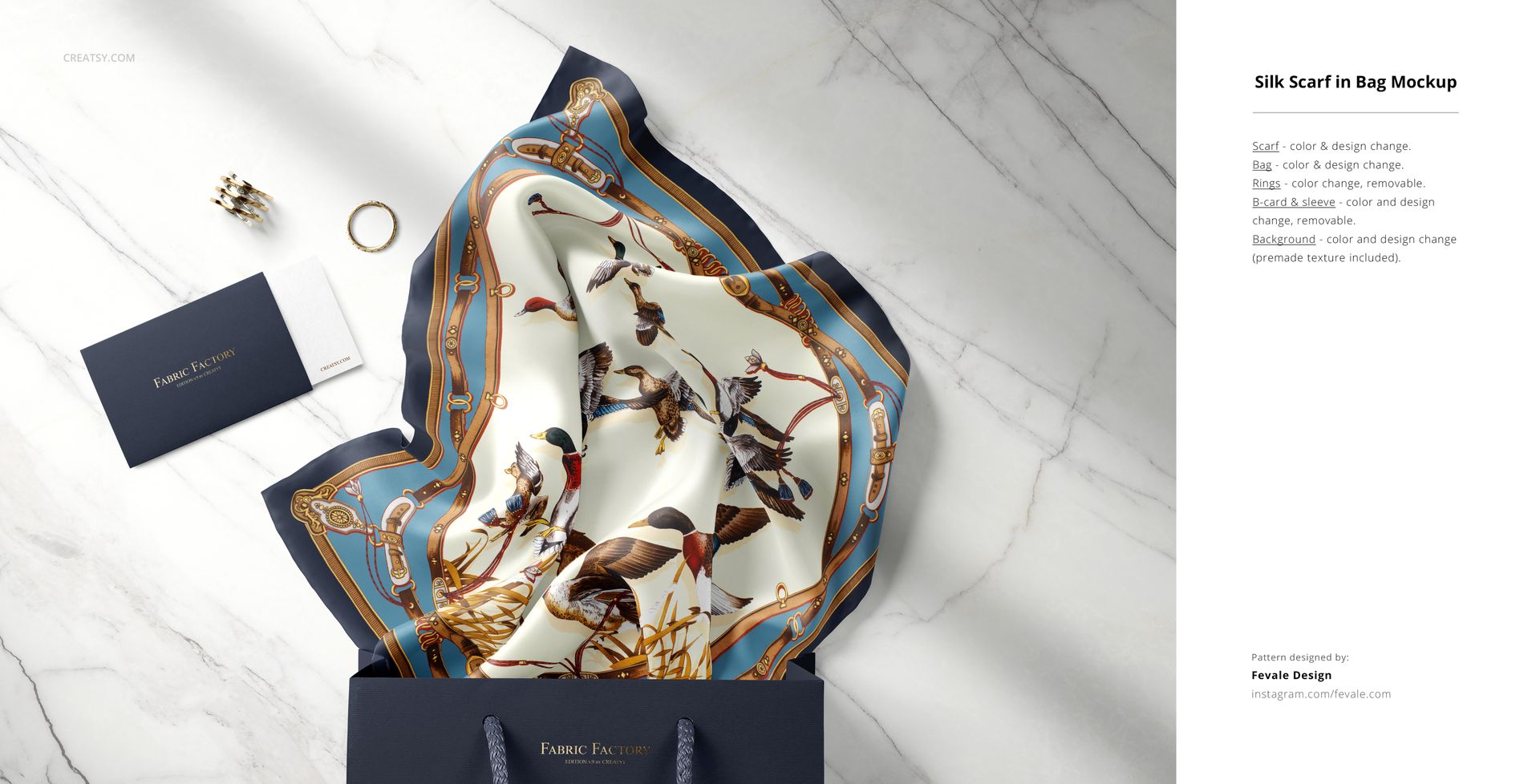 PSD mockup of a silk fabric with colorful bird illustrations, placed in a blue paper bag on a light surface, top-down angle.