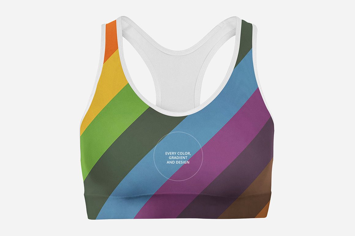 Sport bra PSD mockup featuring a vibrant diagonal rainbow stripe pattern, shown from the front against a plain white backdrop.