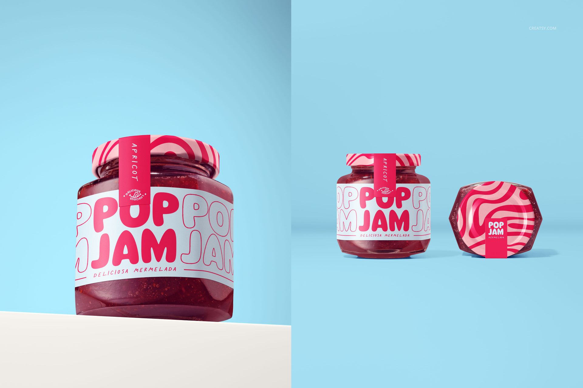 PSD mockup featuring a glass jar of raspberry jam with bold pink and white label, shown from two perspectives.
