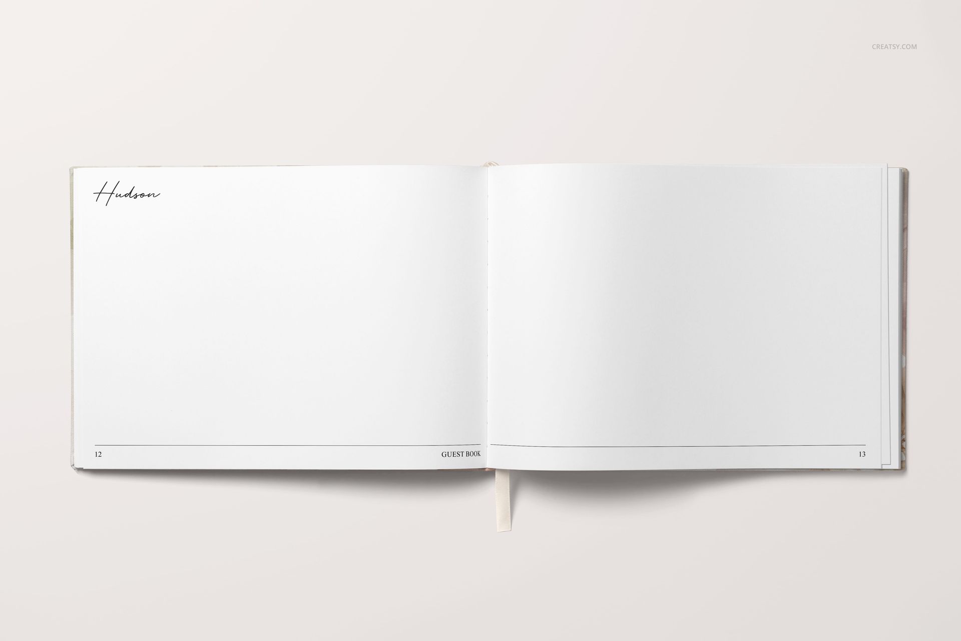 Top view of a landscape wedding guest book mockup showing clean white pages, simple lines, and a subtle ribbon.
