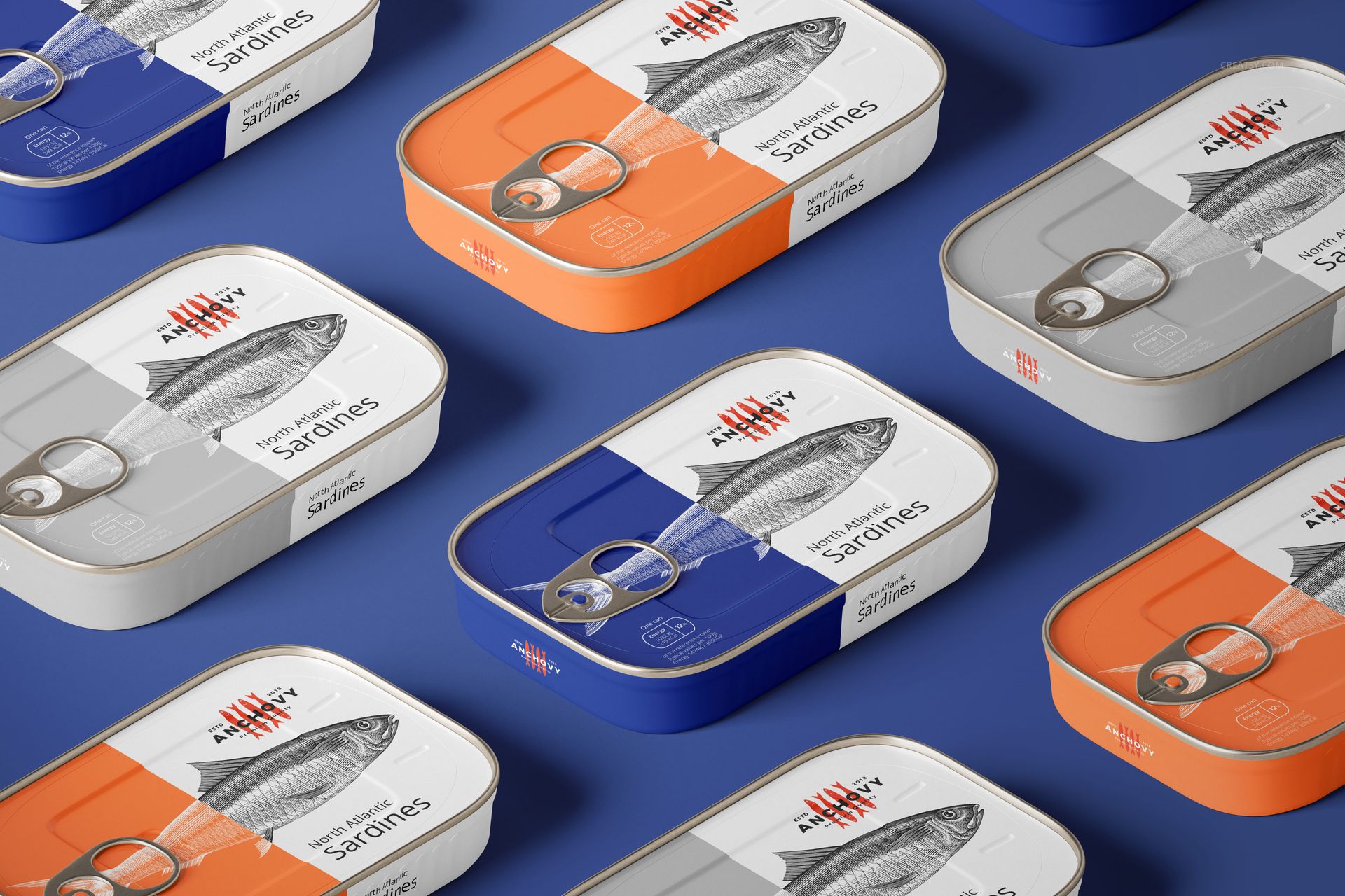 Mockup set of sardine fish tin cans with various label colors and fish graphics, shown in a repeating layout.