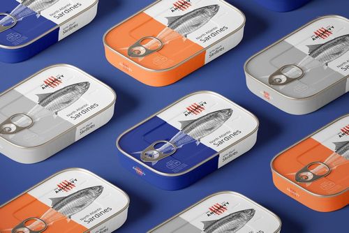 Mockup set of sardine fish tin cans with various label colors and fish graphics, shown in a repeating layout.