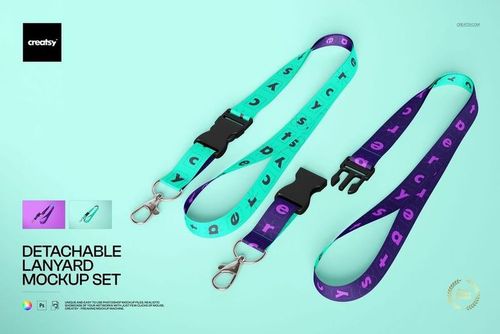 PSD mockup set showing two detachable lanyards in turquoise and purple with black plastic buckles and metal clips.