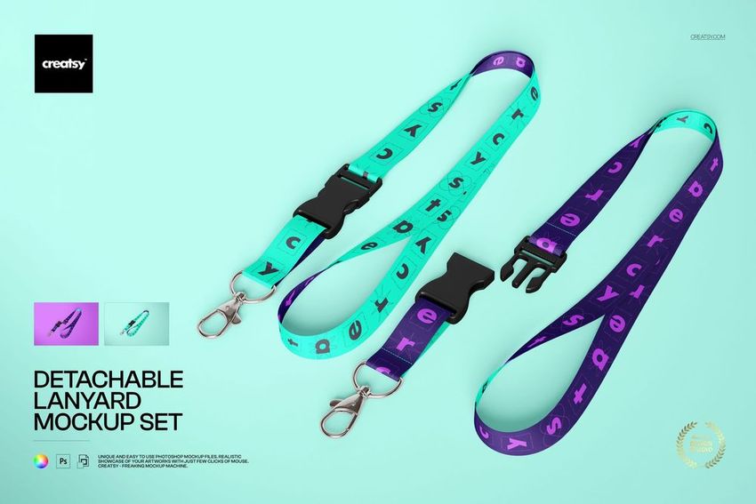 PSD mockup set showing two detachable lanyards in turquoise and purple with black plastic buckles and metal clips.