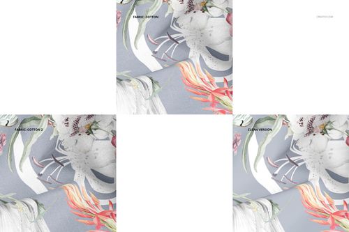 Close-up of cotton fabric mockup with a light gray background and floral patterns in soft pink, green, and white hues.