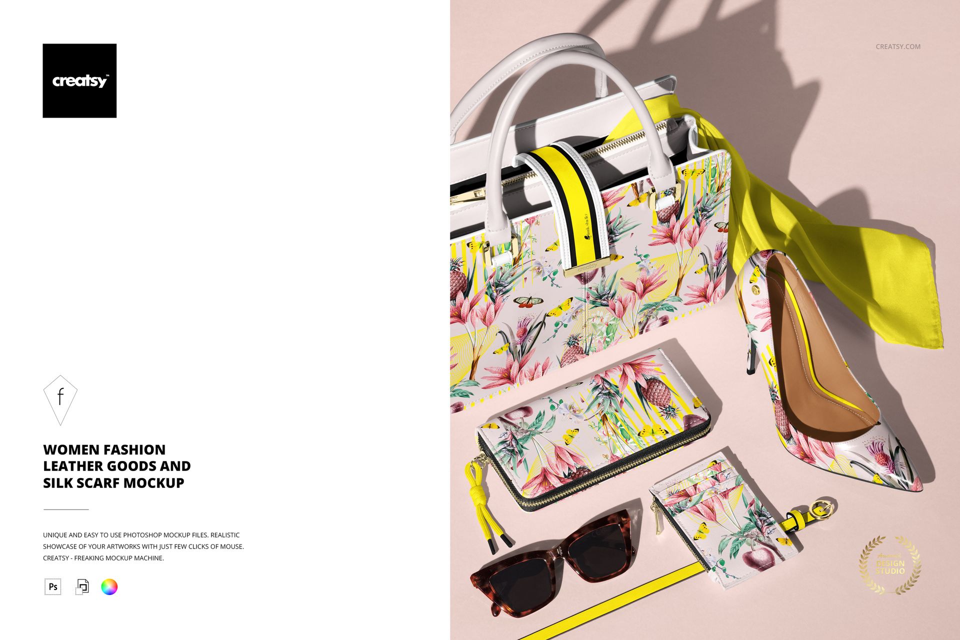 Top view of a women’s fashion PSD mockup featuring a floral purse, silk scarf, wallet, sunglasses, and patterned shoe.