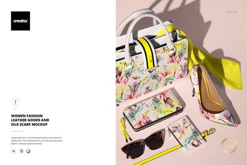 Women Fashion Leather Goods and Silk Scarf Mockup - mockup preview 1
