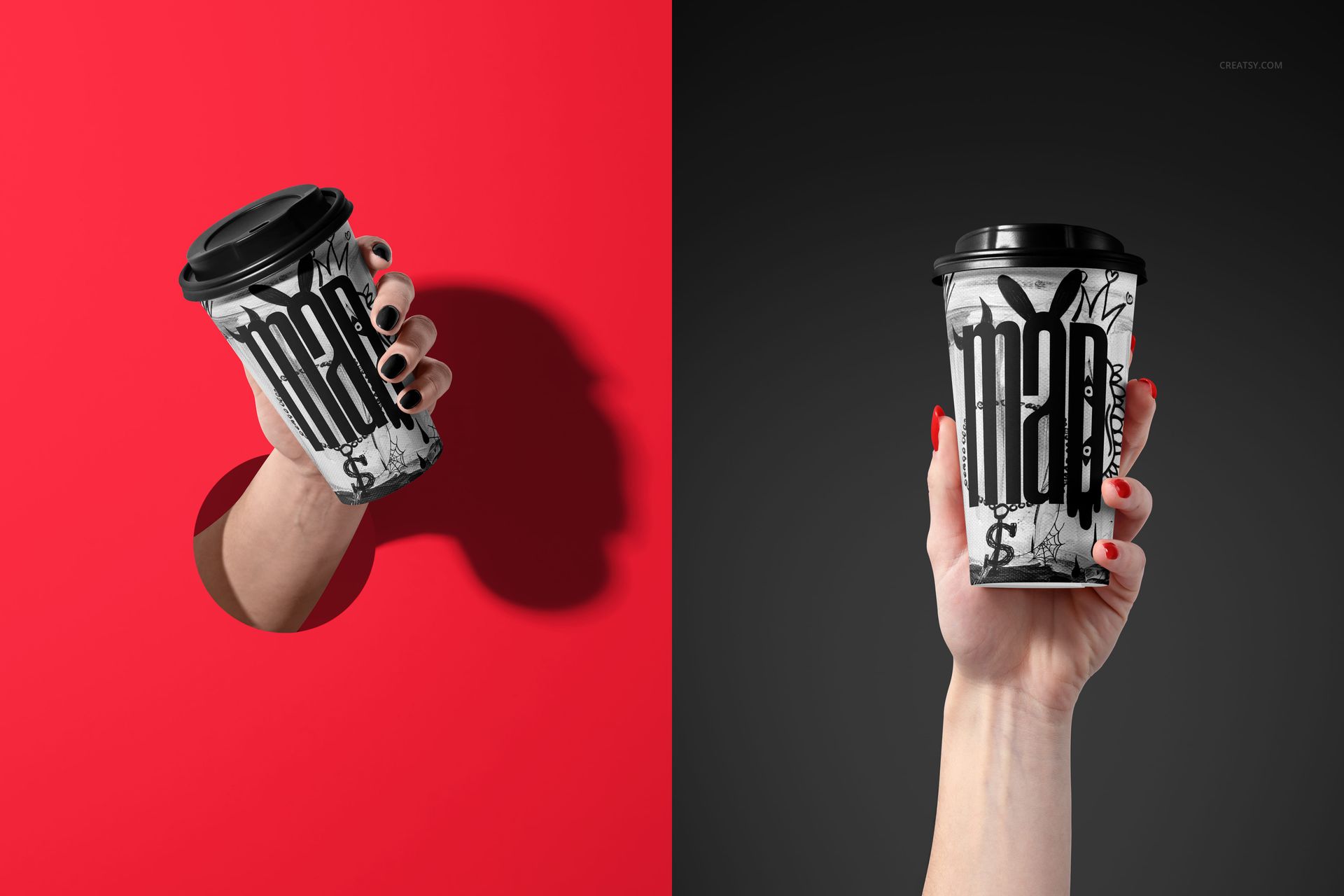 Front view of a hand gripping a paper coffee cup mockup with bold black and white artwork, red and black split backdrop.