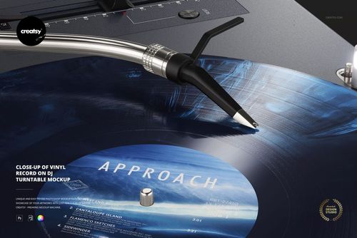 Mockup of a vinyl record on a DJ turntable, highlighting the stylus arm and textured record surface from above.